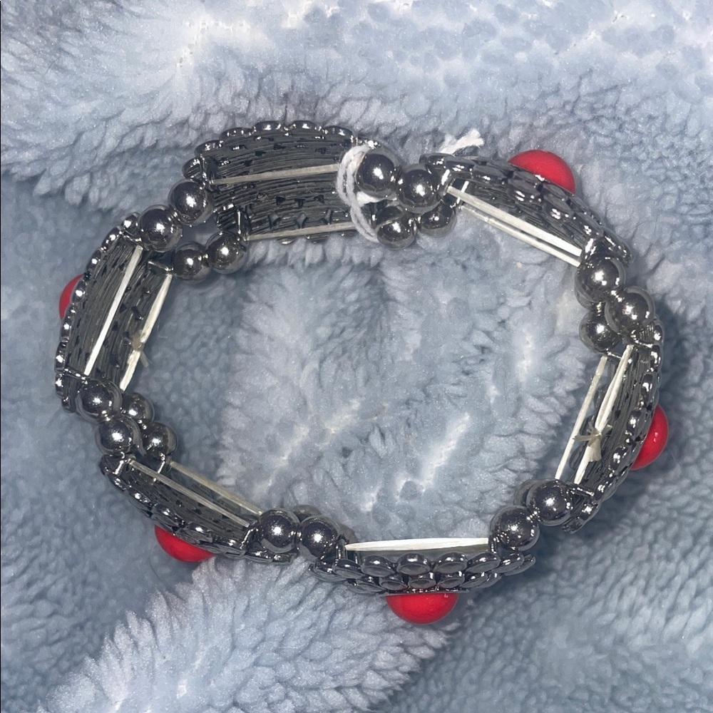 Silver and Red Floral Stretch Bracelet - Picture 2 of 3